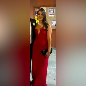 Herve Leger long strapless red evening gown